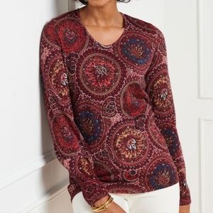 Talbots Merino Wool Pullover Circle Paisley Pullover sz M Burgundy